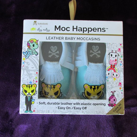 Tokidoki Itzy Ritzy Salaryman Blue Leather Baby Moccasins Size 6-12 Months - Picture 2 of 10